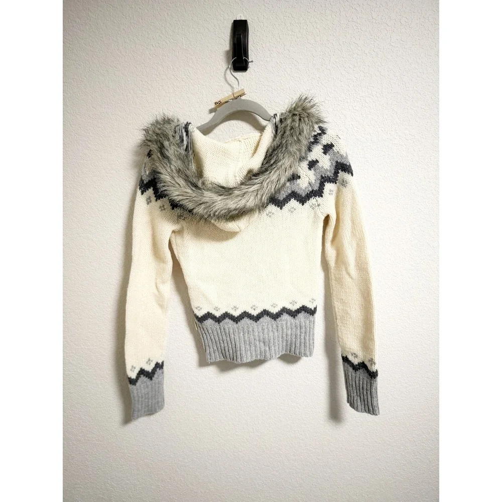 Hollister 1922 Y2K Fair Isle Hooded Sweater Faux Fur Trim‎ V Neck Cream Gray S